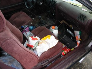 messy car interior
